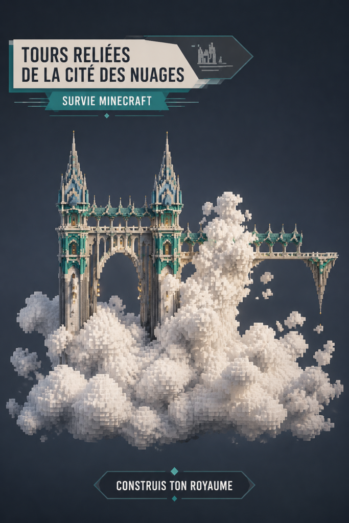 Une captures d'écran d'une ville suspendue dans Minecraft montrant des tours et des chemins en hauteur.