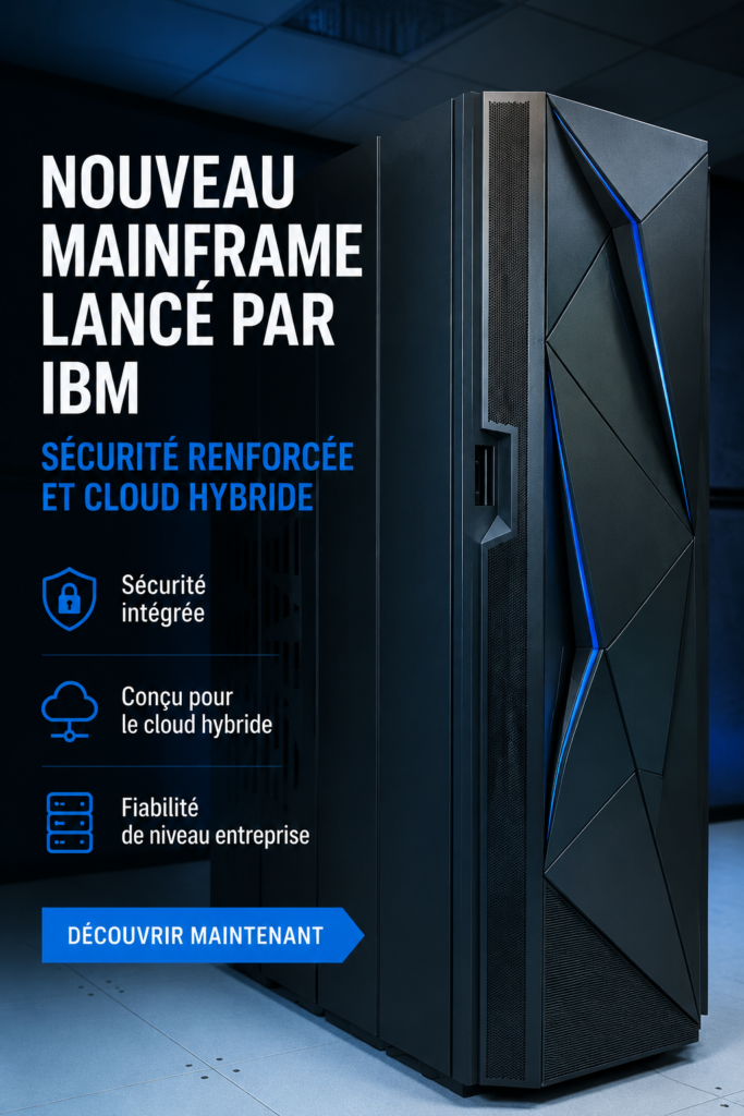 Image du nouveau mainframe d'IBM avec des graphiques montrant son intégration sécurisée dans le cloud hybride.