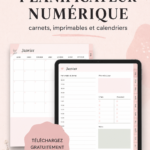 Un planner numérique ouvert sur un bureau, avec des stylos et des notes autour.