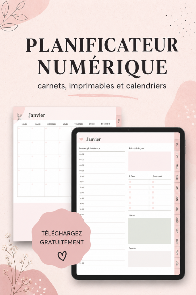 Un planner numérique ouvert sur un bureau, avec des stylos et des notes autour.