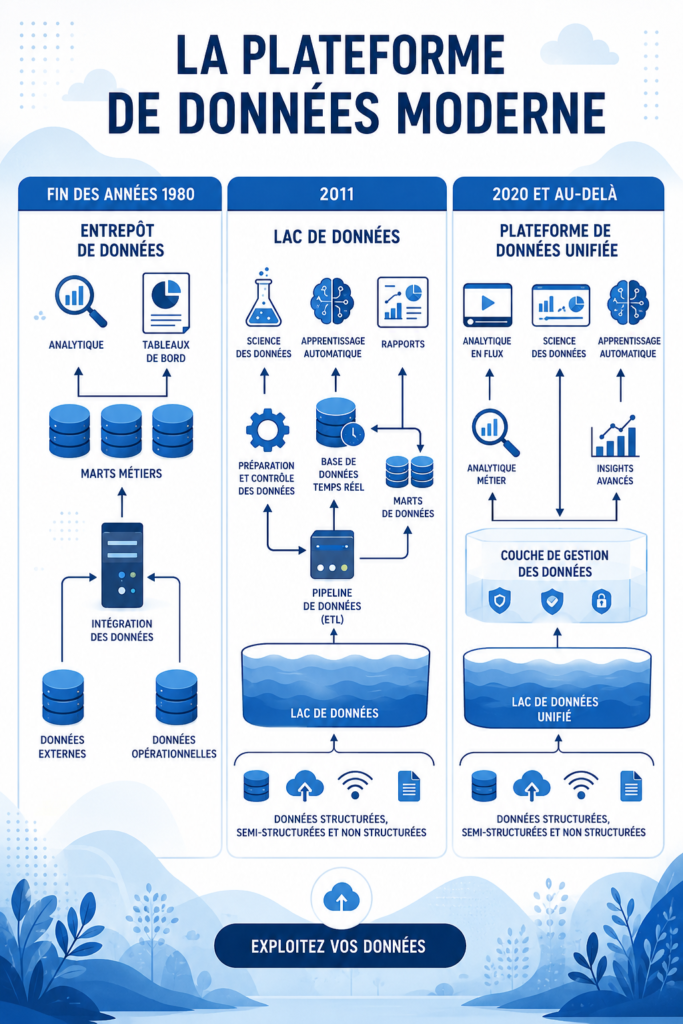 Illustration d'une plateforme moderne de données dans le cloud, symbolisant l'innovation et la flexibilité.