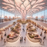 Vue d'ensemble du terminal Verdant Skies, un aéroport au design futuriste et accueillant
