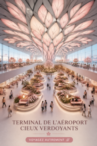 Vue d'ensemble du terminal Verdant Skies, un aéroport au design futuriste et accueillant