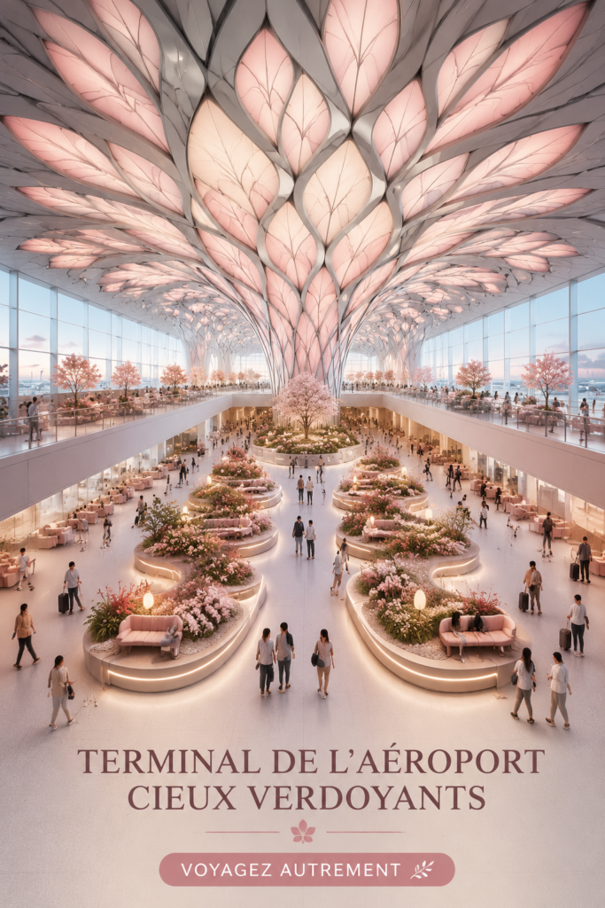 Vue d'ensemble du terminal Verdant Skies, un aéroport au design futuriste et accueillant