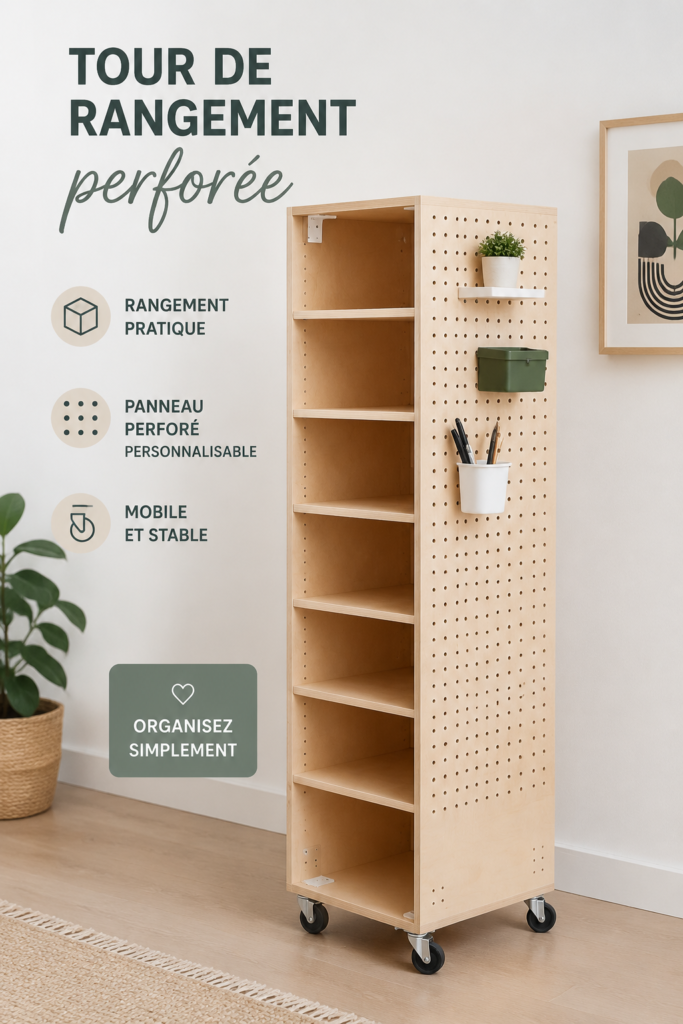 Un tour de rangement perforé sur roulettes dans un intérieur moderne