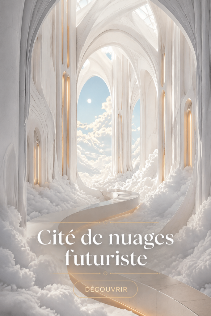 Illustration d'une ville nuageuse futuriste avec des bâtiments flottants et des espaces verts intégrés.