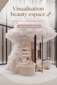 Un espace beauté harmonieux avec des rangements et des produits bien agencés.