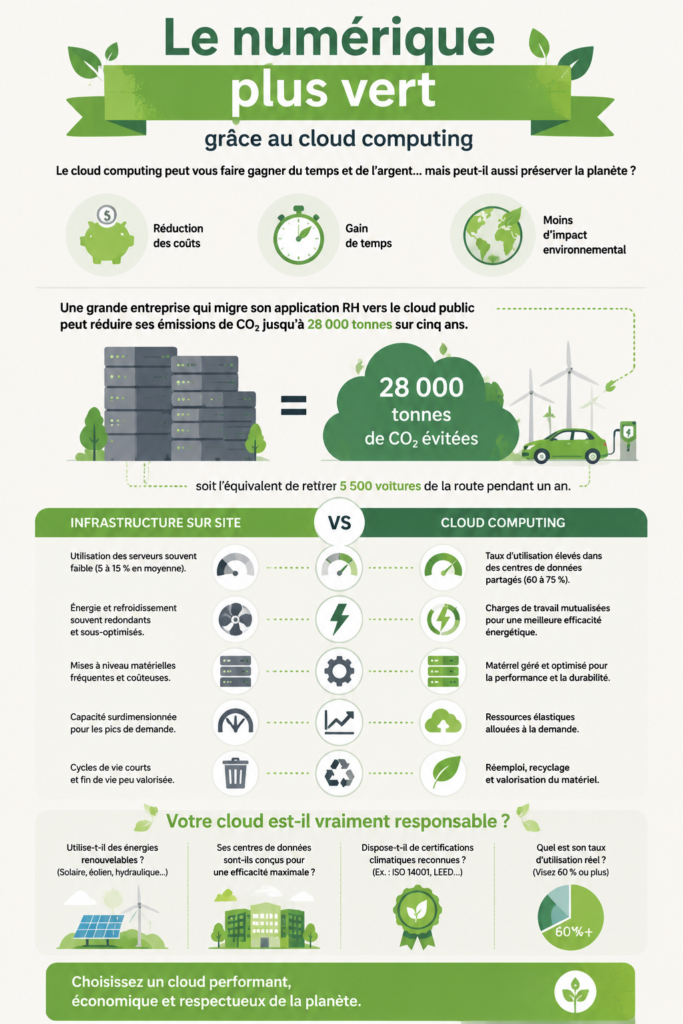 Illustration d'un ordinateur dans un nuage symbolisant le cloud computing vert