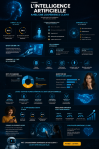 Illustration montrant des interactions entre clients et intelligences artificielles dans un contexte commercial.