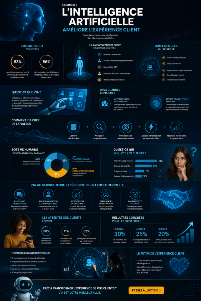 Illustration montrant des interactions entre clients et intelligences artificielles dans un contexte commercial.