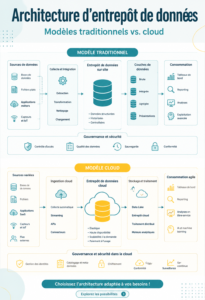 Infographie expliquant les architectures traditionnelles et cloud des data warehouses.