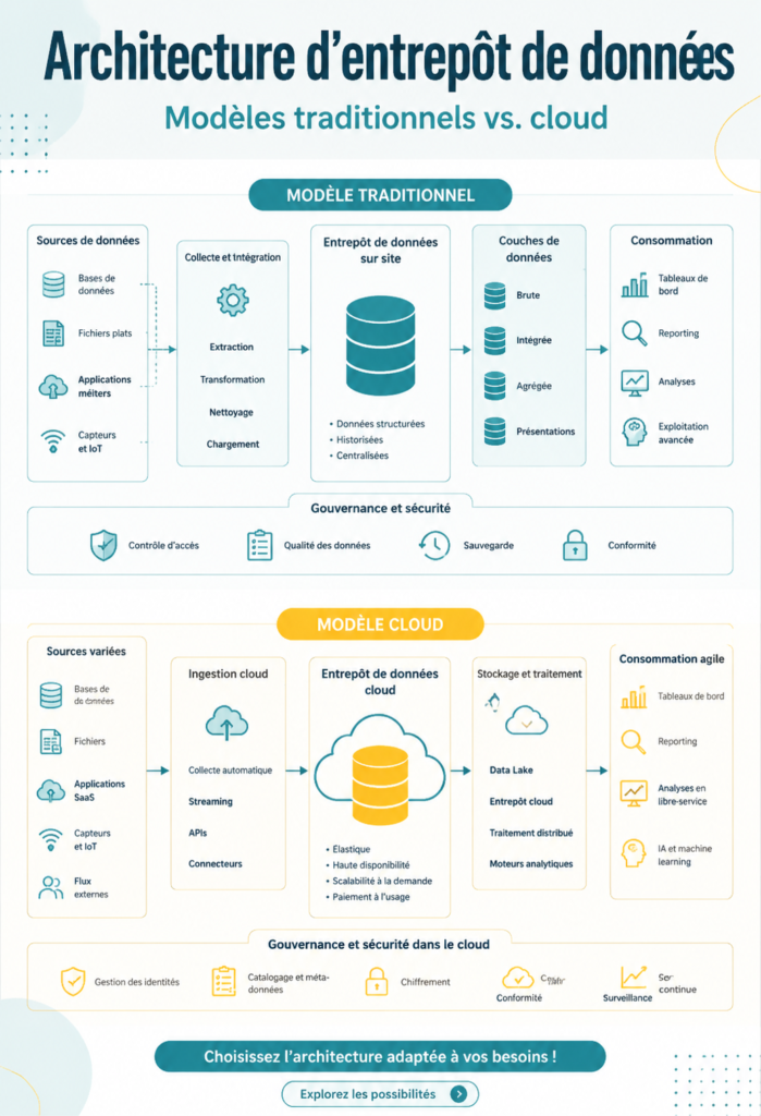 Infographie expliquant les architectures traditionnelles et cloud des data warehouses.