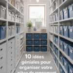 Espace de rangement organisé avec des étagères, des boîtes et des paniers