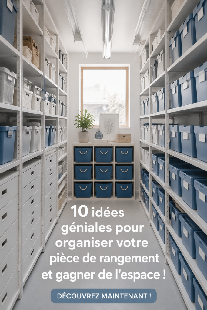 Espace de rangement organisé avec des étagères, des boîtes et des paniers