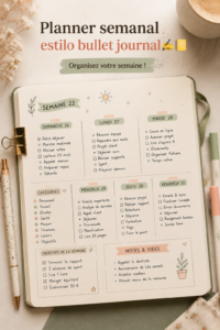 Exemple de bullet journal avec une planification hebdomadaire organisée et colorée.