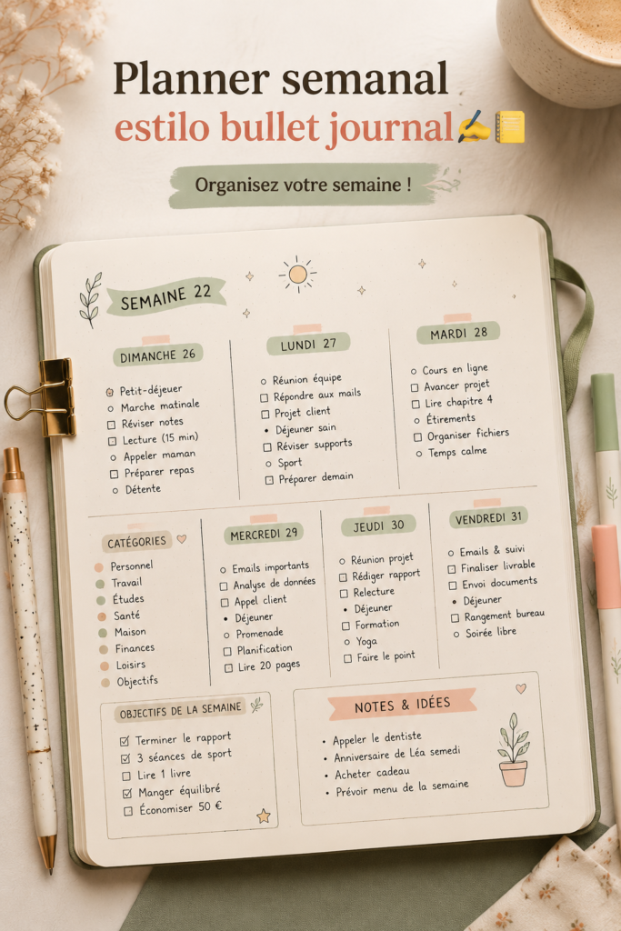 Exemple de bullet journal avec une planification hebdomadaire organisée et colorée.
