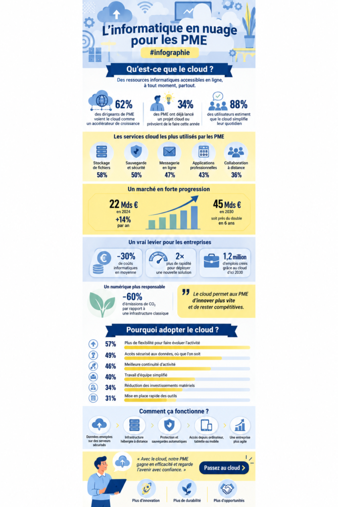 Infographie sur le cloud computing adaptée aux PME, illustrant ses avantages.