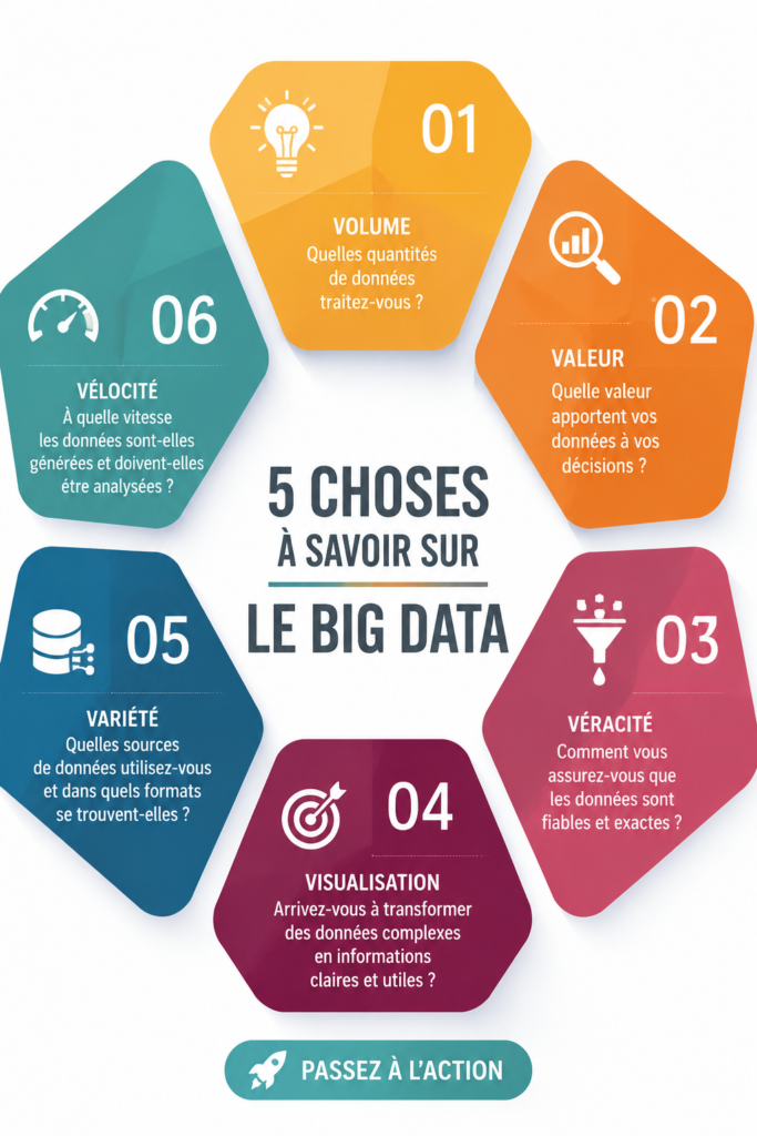 Image illustrant le concept de big data avec des symboles de données et d'analyse.
