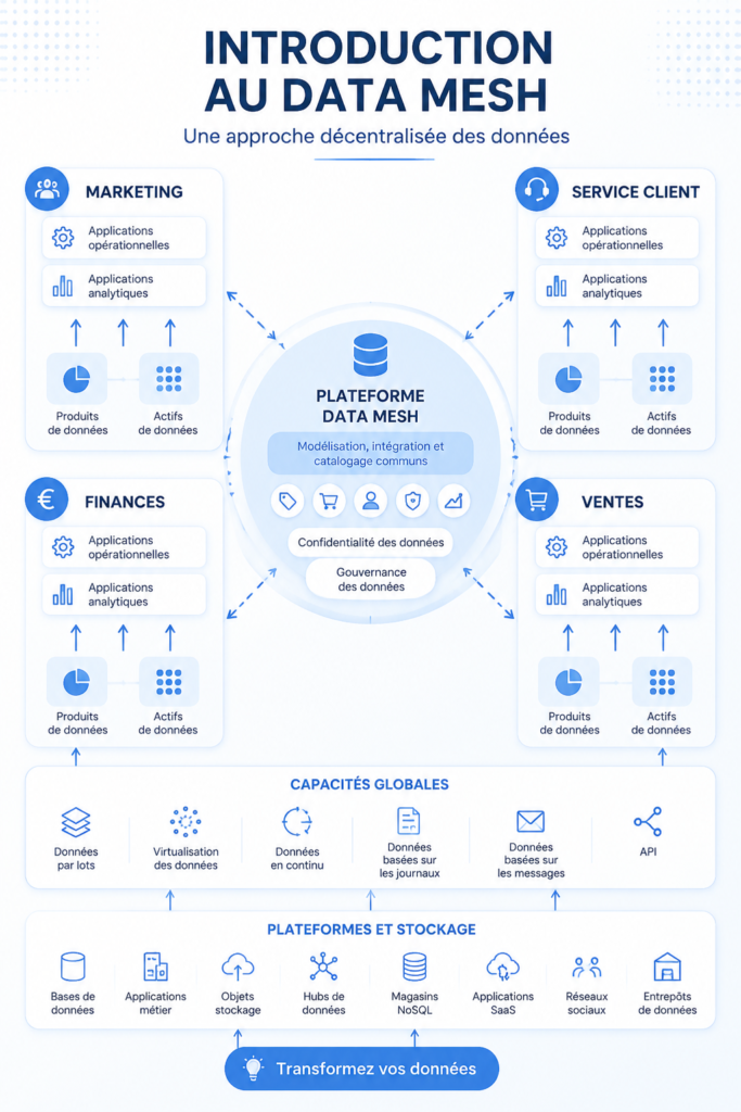 Visuel représentant le concept de Data Mesh dans un environnement d'entreprise moderne.