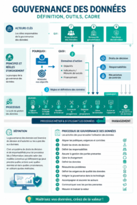 Illustration représentant la gouvernance des données avec des graphiques et des outils numériques.
