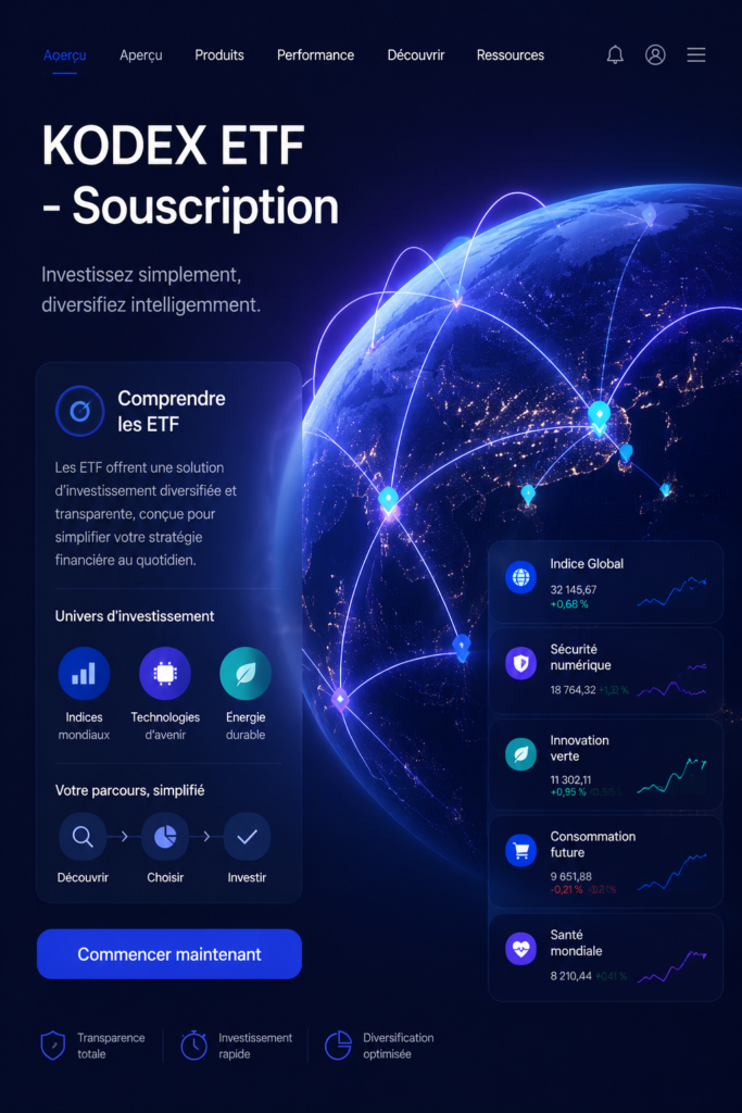 Illustration du KODEX ETF montrant des graphiques financiers et des femmes investissant.