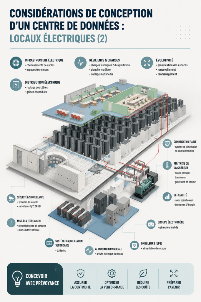 Schéma d'une salle électrique dans un data center avec équipements clés
