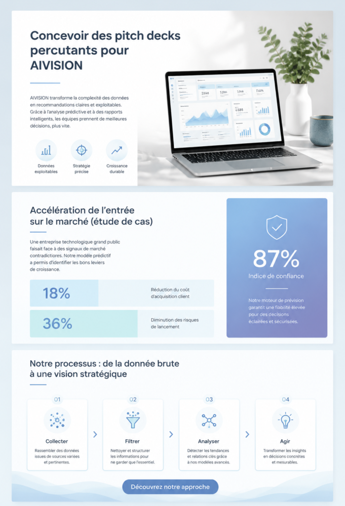 Un plan de travail avec un ordinateur et un pitch deck ouvert, illustrant la préparation d'une présentation.
