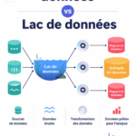 Comparaison entre Data Warehouse et Data Lake dans une présentation visuelle.