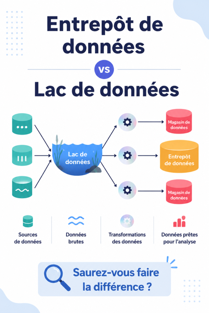 Comparaison entre Data Warehouse et Data Lake dans une présentation visuelle.