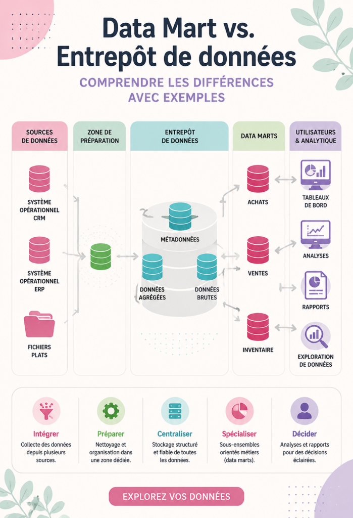 Illustration montrant la distinction entre un data mart et un data warehouse