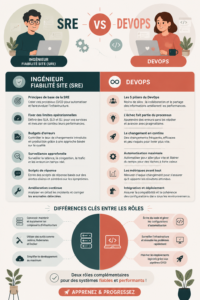 Image illustrant les différences entre SRE et DevOps dans un cadre de travail collaboratif.