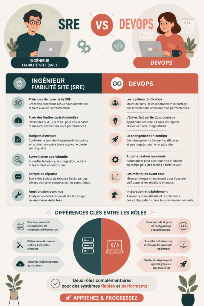Image illustrant les différences entre SRE et DevOps dans un cadre de travail collaboratif.