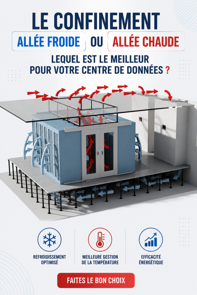 Centre de données avec alignement des allées chaudes et froides, illustrant leur efficacité.