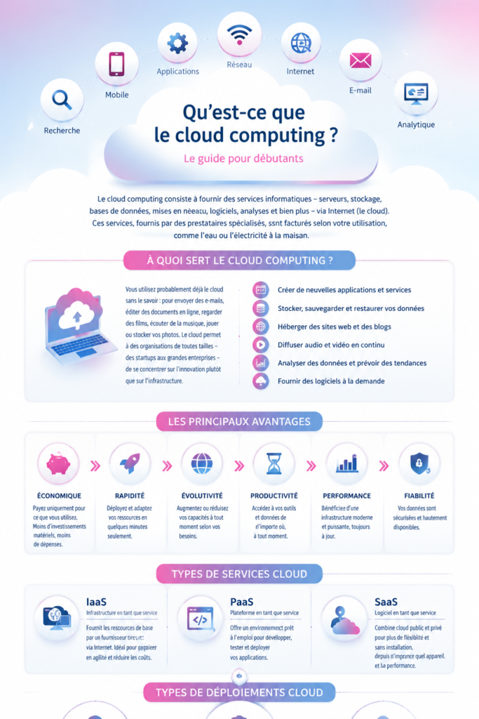 Illustration représentant l'informatique en nuage avec des données accessibles en ligne.