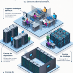 Aménagement moderne d'un data center avec des technologies avancées et un espace de travail organisé.