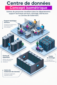Aménagement moderne d'un data center avec des technologies avancées et un espace de travail organisé.