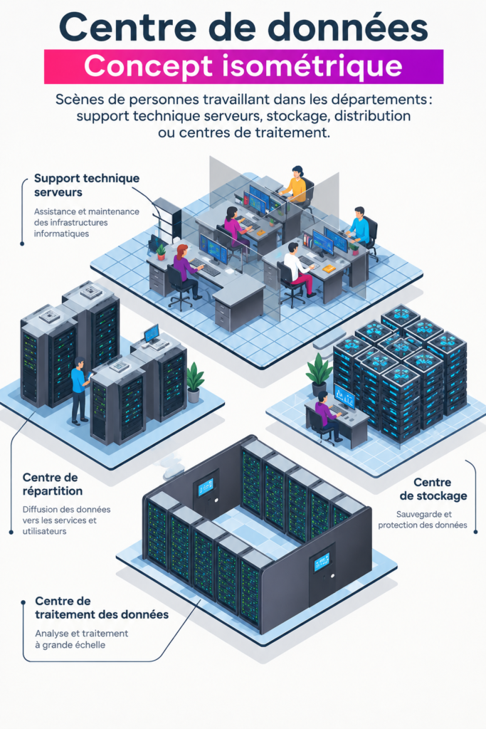 Aménagement moderne d'un data center avec des technologies avancées et un espace de travail organisé.