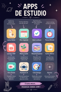 Capture d'écran d'applications d'études sur un smartphone avec des notes et graphiques.