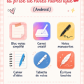 Écran d'accueil d'une application de prise de notes sur Android, montrant une interface conviviale.