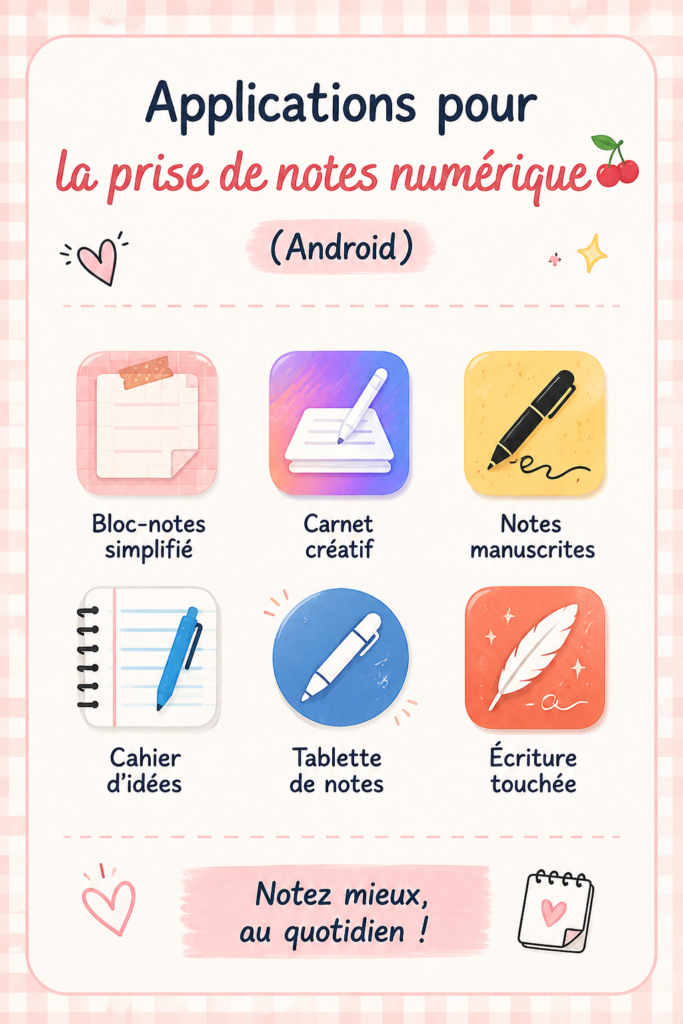 Écran d'accueil d'une application de prise de notes sur Android, montrant une interface conviviale.
