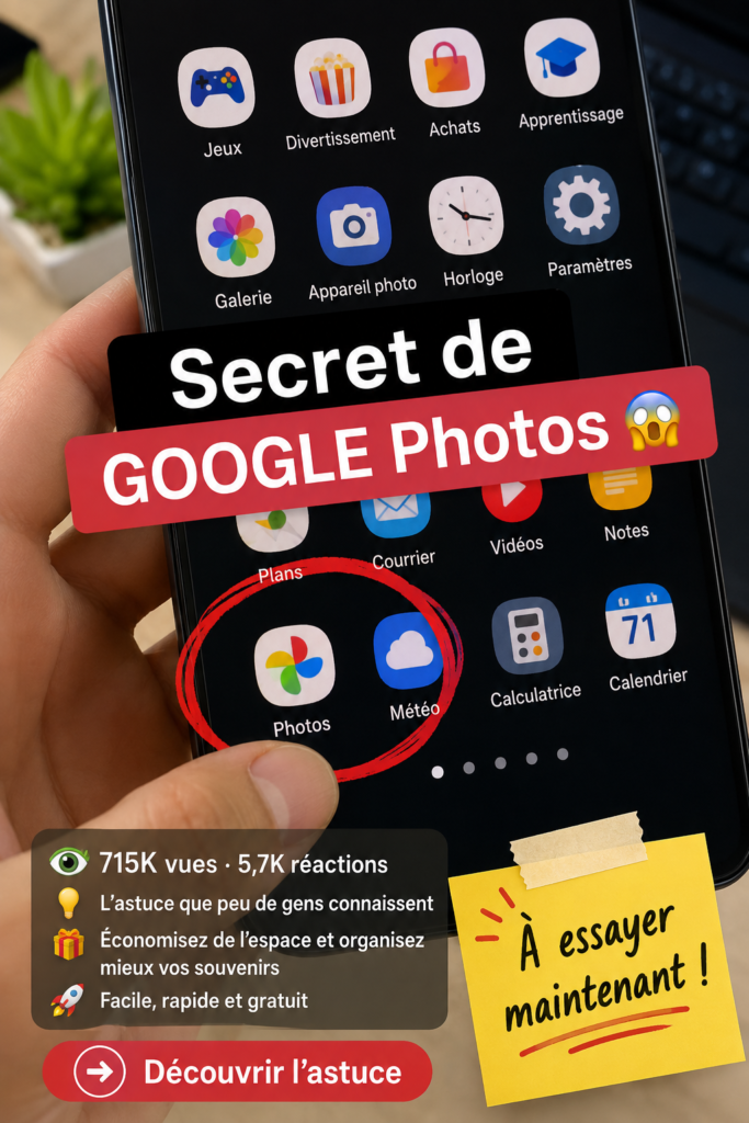 Femme utilisant Google Photos sur un smartphone pour organiser ses images.