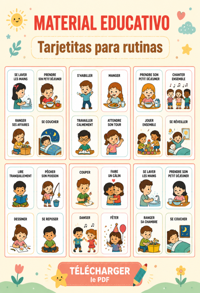 Un ensemble de cartes éducatives pour organiser les routines quotidiennes.