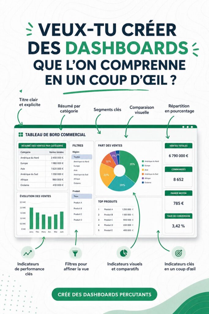 Image d'un dashboard clair et organisé, illustrant des données visuelles attrayantes