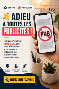 Téléphone avec écran sans publicités, représentant une expérience mobile propre et fluide.