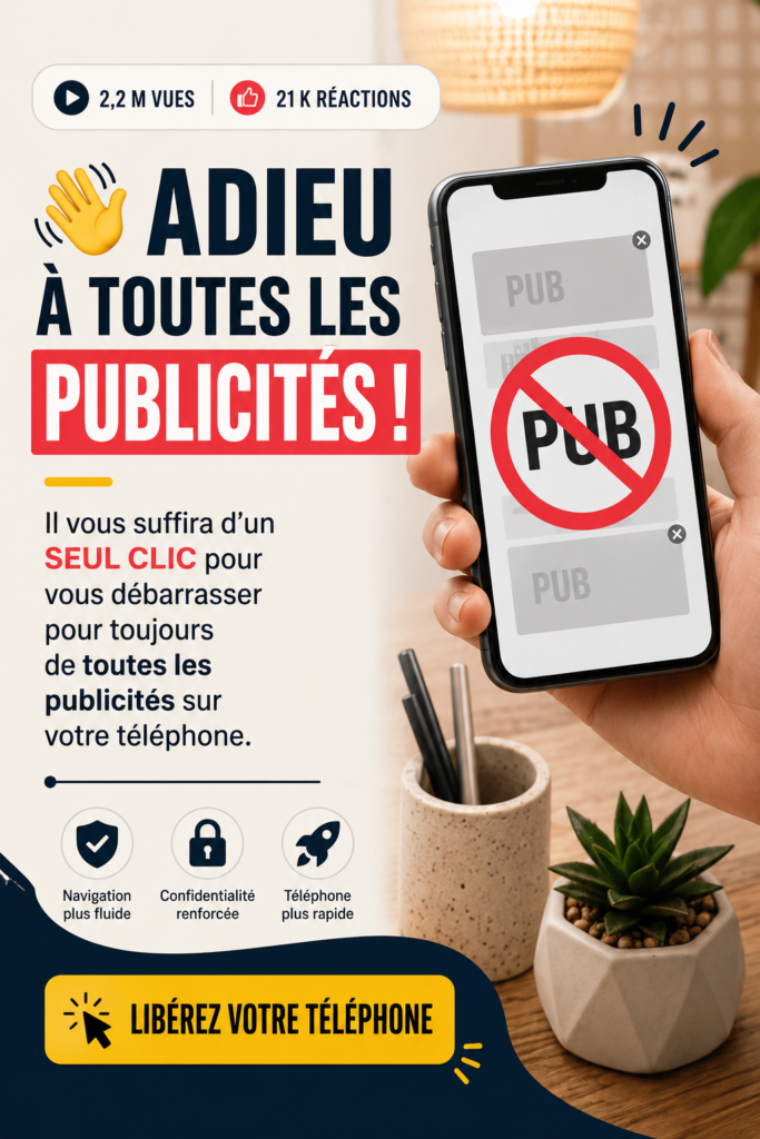 Téléphone avec écran sans publicités, représentant une expérience mobile propre et fluide.