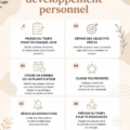Une femme souriante en train de lire un livre sur le développement personnel.