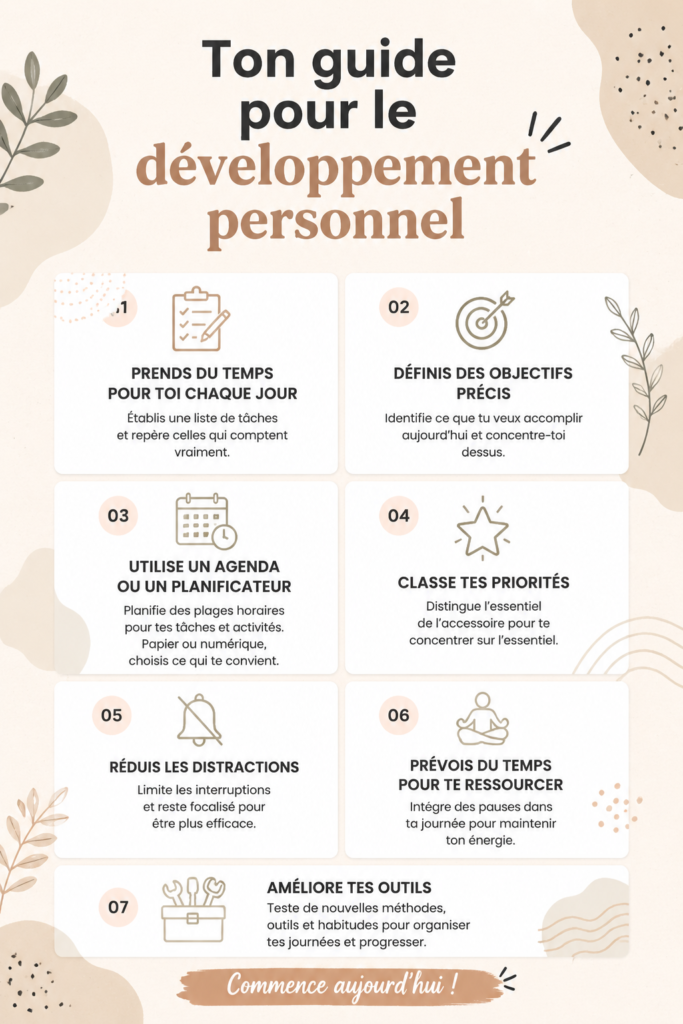 Une femme souriante en train de lire un livre sur le développement personnel.