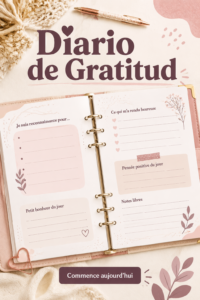 Femme écrivant dans son journal de gratitude avec un sourire chaleureux.
