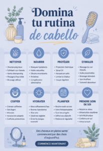 Image d'une femme utilisant une application pour suivre sa routine capillaire, avec des soins et des outils numériques autour d'elle.
