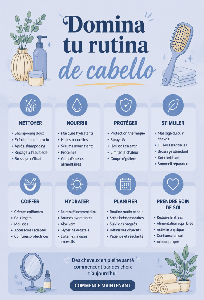 Image d'une femme utilisant une application pour suivre sa routine capillaire, avec des soins et des outils numériques autour d'elle.